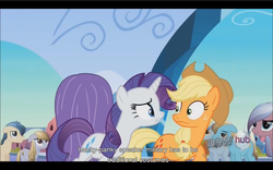 Size: 1024x640 | Tagged: safe, screencap, applejack, rarity, g4, the crystal empire, letterboxing, youtube caption