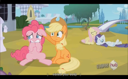 Size: 1024x640 | Tagged: safe, screencap, applejack, fluttershy, pinkie pie, rarity, g4, the crystal empire, letterboxing, youtube caption