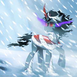 Size: 1000x1000 | Tagged: dead source, safe, artist:dotoriii, king sombra, pony, unicorn, g4, clothes, crown, curved horn, fangs, female, horn, jewelry, looking back, mare, queen umbra, raised hoof, regalia, rule 63, snow, snowfall, solo, sombra eyes
