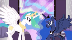 Size: 500x281 | Tagged: safe, screencap, princess celestia, princess luna, g4, animated, aurora crystialis, female, horn, horns are touching, male, sisters, spread wings