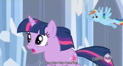 Size: 638x345 | Tagged: safe, screencap, rainbow dash, twilight sparkle, g4, the crystal empire, youtube caption