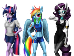 Size: 800x606 | Tagged: safe, artist:volcanico, rainbow dash, rarity, twilight sparkle, anthro, g4, clothes, dress, skinny, thin