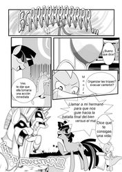 Size: 900x1273 | Tagged: safe, artist:0ryomamikado0, editor:mercury2099, spike, twilight sparkle, comic:the unexpected love life of dusk shine, g4, comic, royal guard, rule 63, spanish, translation