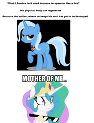 Size: 877x1142 | Tagged: safe, king sombra, princess celestia, trixie, alicorn, pony, unicorn, g4, magic duel, alicorn amulet, amulet, female, foreshadowing, insane fan theory, mare, meta, mother of celestia, mother of god, mother of me, sunglasses