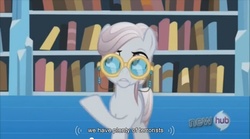 Size: 853x474 | Tagged: safe, screencap, amethyst maresbury, g4, the crystal empire, crystal empire, librarian, library, terrorist, youtube caption