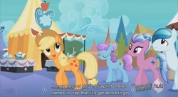 Size: 852x464 | Tagged: safe, screencap, applejack, g4, the crystal empire, crystal empire, youtube caption