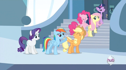 Size: 848x469 | Tagged: safe, screencap, applejack, fluttershy, pinkie pie, rainbow dash, rarity, twilight sparkle, g4, female, hoofbump, mane six, stairs