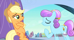 Size: 848x469 | Tagged: safe, screencap, applejack, sapphire joy, crystal pony, pony, g4, hat