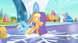 Size: 848x469 | Tagged: safe, screencap, applejack, earth pony, pegasus, pony, g4, the crystal empire, female, mare, wide eyes