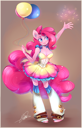 Size: 768x1200 | Tagged: safe, artist:liea, pinkie pie, earth pony, anthro, g4, ambiguous facial structure, balloon, clothes, dress, female, solo