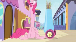 Size: 848x469 | Tagged: safe, screencap, pinkie pie, pony, g4, season 3, the crystal empire, female, great moments in animation, long neck, nope, nope.avi, party cannon, solo, stretching