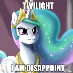 Size: 894x894 | Tagged: safe, artist:johnjoseco, edit, princess celestia, pony, g4, bitchlestia, female, image macro, meme, solo, son i am disappoint