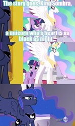 Size: 500x844 | Tagged: safe, edit, edited screencap, screencap, princess celestia, princess luna, twilight sparkle, alicorn, pony, unicorn, g4, the crystal empire, comic, female, horn, luna is not amused, mare, poor word choice, royal sisters, screencap comic, siblings, sisters, trio, trio female, unamused