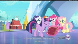 Size: 1920x1080 | Tagged: safe, screencap, fluttershy, pinkie pie, rainbow dash, rarity, twilight sparkle, g4, the crystal empire, book, twibitch sparkle, youtube caption