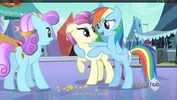 Size: 1920x1080 | Tagged: safe, screencap, fleur de verre, rainbow dash, sapphire joy, crystal pony, g4, the crystal empire, female, hub logo, mare, youtube caption