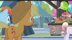 Size: 1920x1080 | Tagged: safe, screencap, amethyst maresbury, applejack, rainbow dash, sapphire joy, crystal pony, earth pony, pony, g4, the crystal empire, balloon, butt, female, mare, plot, shocked, youtube caption