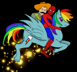 Size: 820x766 | Tagged: artist needed, source needed, safe, rainbow dash, human, pegasus, pony, g4, female, male, mare, moustache, pancho villa, sombrero, spider-man