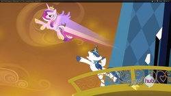 Size: 1920x1080 | Tagged: safe, edit, edited screencap, screencap, princess cadance, shining armor, alicorn, pony, unicorn, g4, my little pony: friendship is magic, season 3, the crystal empire, all new, epic wife tossing, fastball special, female, horn, horn crystals, hub logo, male, mare, stallion, text