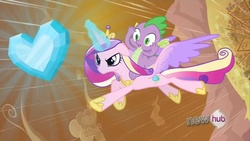 Size: 1920x1080 | Tagged: safe, screencap, princess cadance, spike, alicorn, dragon, pony, g4, season 3, the crystal empire, all new, crystal heart, epic wife tossing, fastball special, female, hub logo, mare, smiling, text, the hub, wingless spike