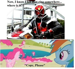 Size: 650x590 | Tagged: safe, edit, edited screencap, screencap, pinkie pie, rainbow dash, g4, season 3, too many pinkie pies, butt, clone, fun fun fun, kamen rider, kamen rider wizard, pinkie clone, plot, text