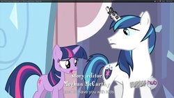 Size: 1920x1080 | Tagged: safe, screencap, shining armor, twilight sparkle, pony, unicorn, g4, the crystal empire, female, horn, horn crystals, male, mare, stallion, youtube caption