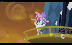 Size: 1680x1050 | Tagged: safe, edit, edited screencap, screencap, princess cadance, shining armor, alicorn, pony, unicorn, g4, my little pony: friendship is magic, season 3, the crystal empire, all new, bipedal, epic wife tossing, fastball special, female, horn, horn crystals, hub logo, male, mare, stallion, text