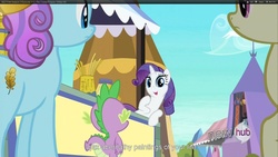 Size: 1920x1080 | Tagged: safe, screencap, fleur de verre, rarity, sapphire joy, spike, crystal pony, g4, the crystal empire, female, hub logo, mare, youtube caption