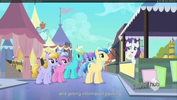 Size: 1920x1080 | Tagged: safe, screencap, amber waves, bright smile, castle (crystal pony), elbow grease, ivory, ivory rook, paradise (g4), rarity, sapphire joy, crystal pony, g4, the crystal empire, female, male, mare, stallion, youtube caption