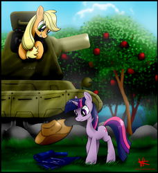 Size: 2920x3200 | Tagged: safe, artist:unitoone, applejack, twilight sparkle, g4, tank (vehicle)