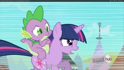 Size: 1920x1080 | Tagged: safe, screencap, spike, twilight sparkle, dragon, pony, g4, the crystal empire, dragons riding ponies, hub logo, riding, running, youtube caption