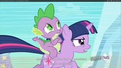 Size: 1920x1080 | Tagged: safe, screencap, spike, twilight sparkle, dragon, pony, g4, the crystal empire, dragons riding ponies, riding, youtube caption