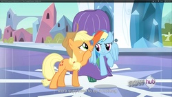 Size: 1920x1080 | Tagged: safe, screencap, applejack, rainbow dash, g4, my little pony: friendship is magic, the crystal empire, youtube caption