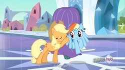 Size: 1920x1080 | Tagged: safe, screencap, applejack, rainbow dash, g4, the crystal empire, youtube caption