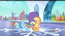 Size: 1920x1080 | Tagged: safe, screencap, applejack, rainbow dash, g4, the crystal empire, youtube caption