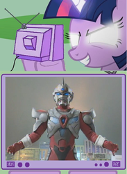 Size: 564x771 | Tagged: safe, twilight sparkle, pony, g4, brainwashed, denkou choujin gridman, evil gridman, exploitable meme, gridman, meme, servo, superhuman samurai syber squad, tv meme