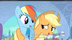 Size: 1920x1080 | Tagged: safe, edit, edited screencap, screencap, applejack, rainbow dash, earth pony, pony, g4, the crystal empire, caption, female, mare, text, youtube caption