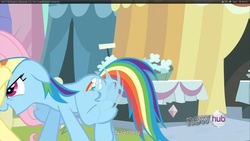 Size: 1920x1080 | Tagged: safe, screencap, fluttershy, rainbow dash, g4, the crystal empire, pushing, rump push, youtube caption