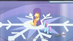 Size: 1920x1080 | Tagged: safe, screencap, applejack, sapphire joy, g4, the crystal empire, hub logo, youtube caption