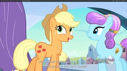 Size: 1920x1080 | Tagged: safe, screencap, applejack, crystal pony, earth pony, g4, the crystal empire, crystal empire, crystal palace, duo, hub logo, logo, the hub, youtube caption