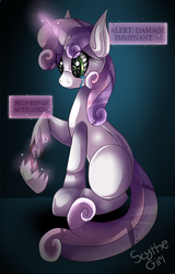 Size: 1350x2104 | Tagged: safe, artist:scythegirl, sweetie belle, pony, robot, robot pony, unicorn, g4, blank flank, crying, damaged, female, filly, foal, glowing horn, hooves, horn, magic, robot gore, solo, sweetie bot, text