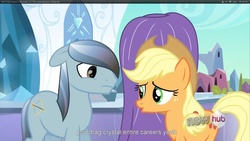 Size: 1920x1080 | Tagged: safe, screencap, applejack, night knight, crystal pony, g4, my little pony: friendship is magic, the crystal empire, male, stallion, youtube caption