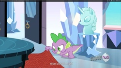 Size: 1920x1080 | Tagged: safe, screencap, spike, g4, the crystal empire, carpet, youtube caption