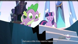 Size: 1920x1080 | Tagged: safe, screencap, spike, twilight sparkle, g4, the crystal empire, youtube caption