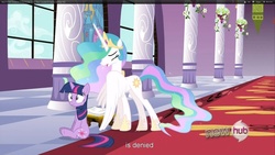 Size: 1920x1080 | Tagged: safe, screencap, princess celestia, twilight sparkle, alicorn, pony, g4, the crystal empire, duo, duo female, eyes closed, female, hub logo, logo, mare, the hub, youtube caption