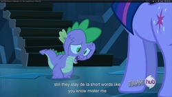 Size: 1920x1080 | Tagged: safe, screencap, spike, twilight sparkle, g4, the crystal empire, youtube caption