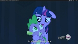 Size: 1920x1080 | Tagged: safe, screencap, spike, twilight sparkle, g4, the crystal empire, youtube caption