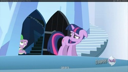 Size: 1920x1080 | Tagged: safe, screencap, spike, twilight sparkle, g4, the crystal empire, stairs, youtube caption