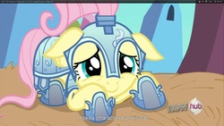 Size: 1920x1080 | Tagged: safe, screencap, fluttershy, pegasus, pony, g4, the crystal empire, floppy ears, folded wings, helmet, hoof shoes, hub logo, smiling, solo, text, wings, youtube caption