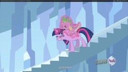 Size: 1920x1080 | Tagged: safe, screencap, spike, twilight sparkle, dragon, pony, g4, the crystal empire, dragons riding ponies, riding, stairs, youtube caption