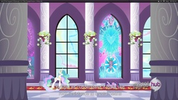 Size: 1920x1080 | Tagged: safe, screencap, pinkie pie, princess celestia, rarity, spike, twilight sparkle, alicorn, pony, unicorn, g4, season 3, the crystal empire, duo, duo female, female, horn, hub logo, logo, mare, stained glass, the hub, youtube caption